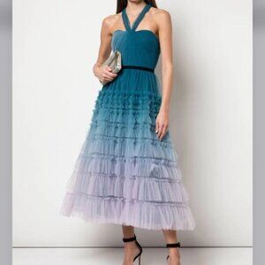 NEW Marchesa Halter Neck Ombre Textured Tiered Ruffled Mid Length Dress Size 16
